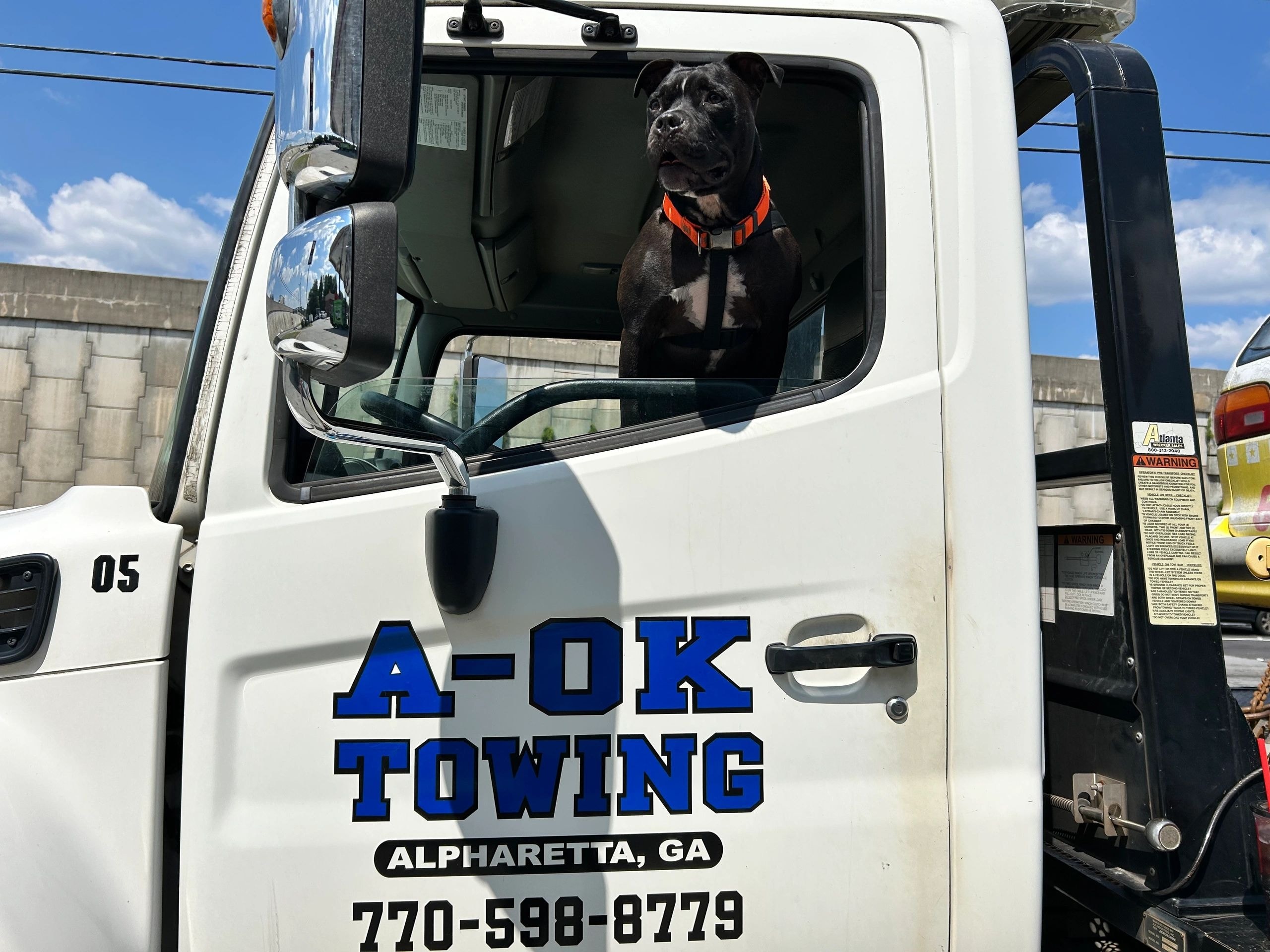 A-OK Towing truck with mascot dog in Alpharetta, GA — 770-598-8779